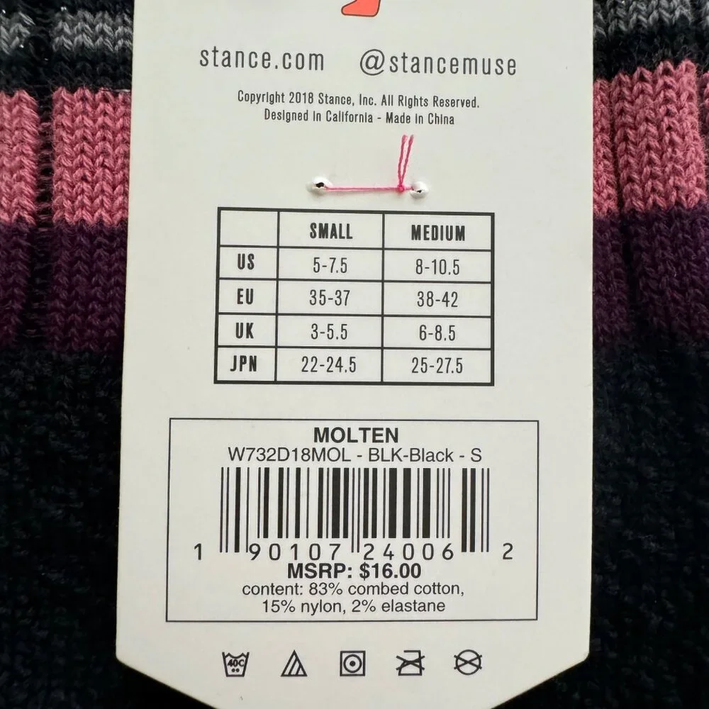Stance‎ Molten Tall boot socks womens combed cotton black sz small new